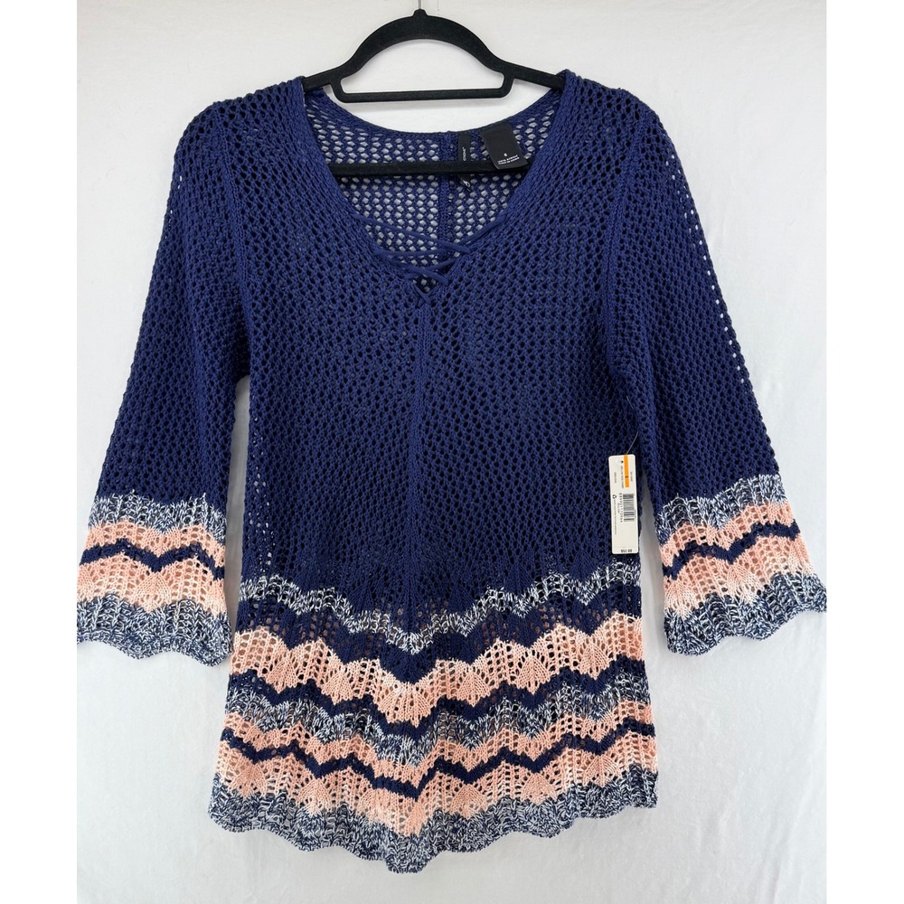 New Directions Womens Crochet Lace Up V Neck Sweater Navy Blue Chevron Small NEW